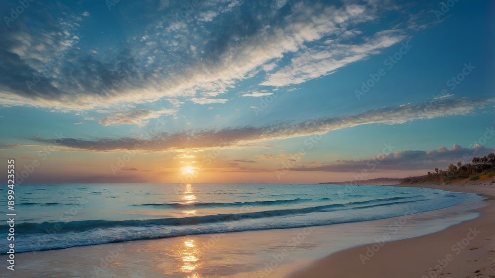 Obraz premium a sunset with a beach and waves in the background.