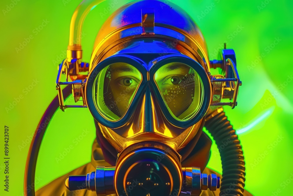 A high-tech diving helmet gleams under vibrant neon lights, evoking a sense of mystery and adventure amidst an otherworldly atmosphere. A high-tech diving helmet gleams under vibrant neon lights, evoking a sense of mystery and adventure amidst an otherworldly atmosphere.