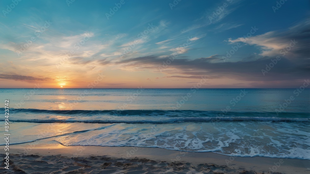 Obraz premium a sunset with a beach and waves in the background.