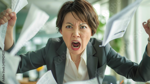 会議室で怒り書類を投げる三十代の日本人女性 photo