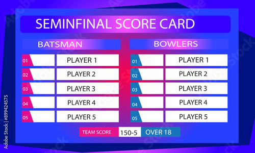 modern cricket semi final scorecard game leaderboard with abstract background Stock Vector