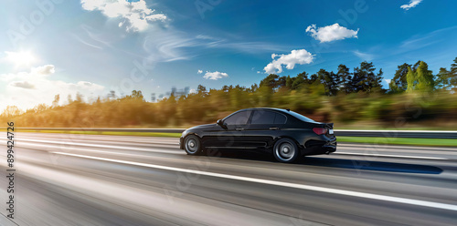 Black Sedan Driving on Highway.