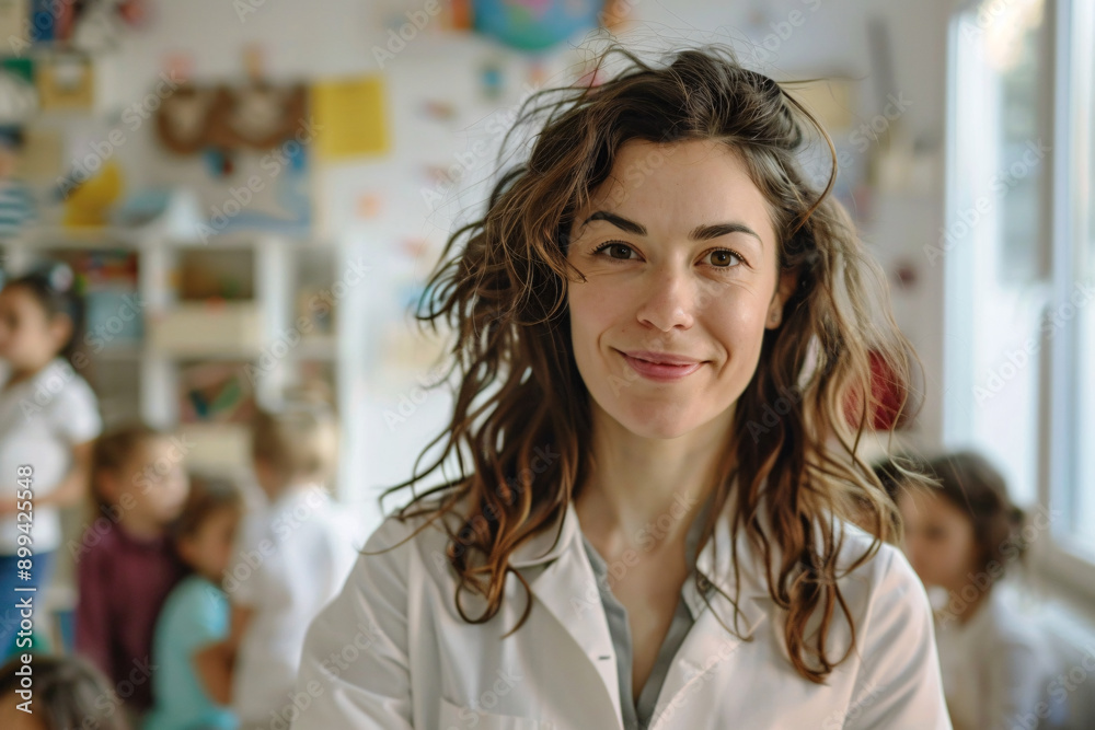happy woman teacher in modern class room with many kids on background happy woman teacher in modern class room with many kids on background
