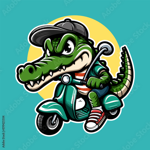 Cool Crocodile riding scooter Cartoon Illustration