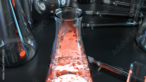 Glass Erlenmeyer with boiling liquid, water starts to Boil in a laboratory flask and steam escaping from the top, Falcon or potion or beaker, Test tube, heating water, science experiment, 3d render photo