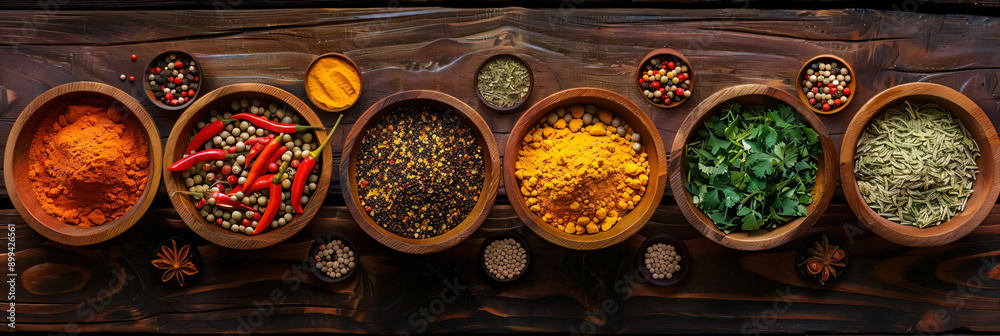 Spices in Wooden Bowls on Rustic Wooden Background. Spices in Wooden Bowls on Rustic Wooden Background.