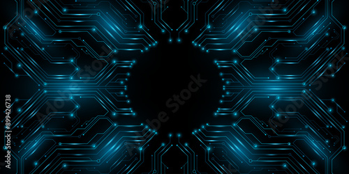 Futuristic glowing circuit board pattern on dark background. Hi-tech CPU panel with light effects. Sci-fi technology banner design. Vector illustration. EPS 10