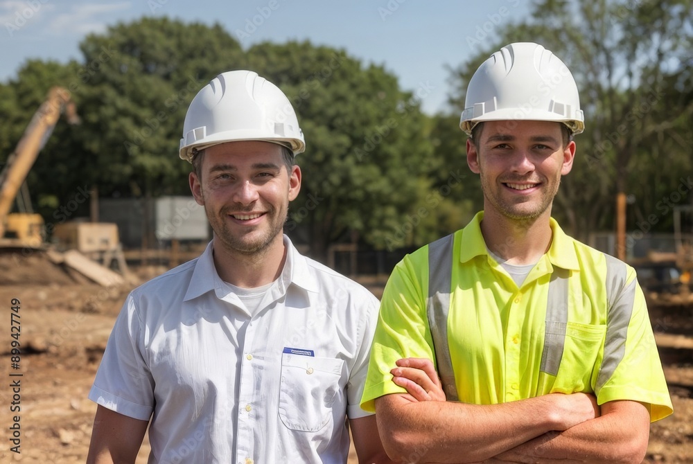 屋外建設現場のエンジニア男性が自身に満ちた笑顔をうかべる。マネージャー、施工管理者