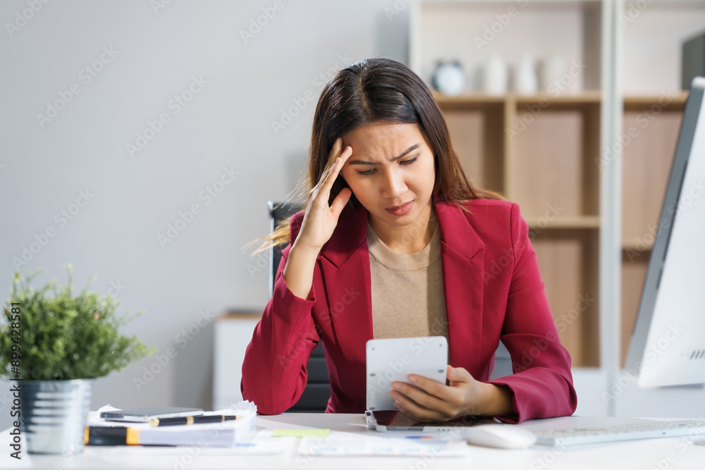 An Asian businesswoman sits at a table, visibly stressed and experiencing heartache and neck pain. Overwhelmed by her workload, she rests her head on the table, showing signs of exhaustion.