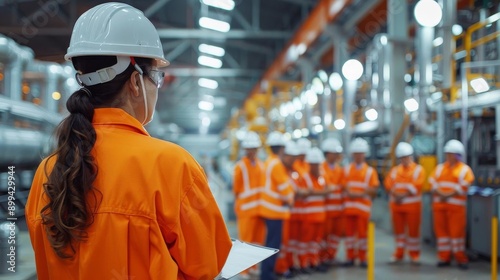 Factory worker in safety gear supervises team in a large industrial facility, focused on teamwork, safety, and production efficiency.