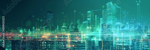 Futuristic Cityscape: Translucent Line Graphics Blend with Vibrant Street Scenery, Showcasing Smart City Concept in Business Hub, Graphic design, Wallpapers, Brochure, Websites, banner, Advertising,  photo