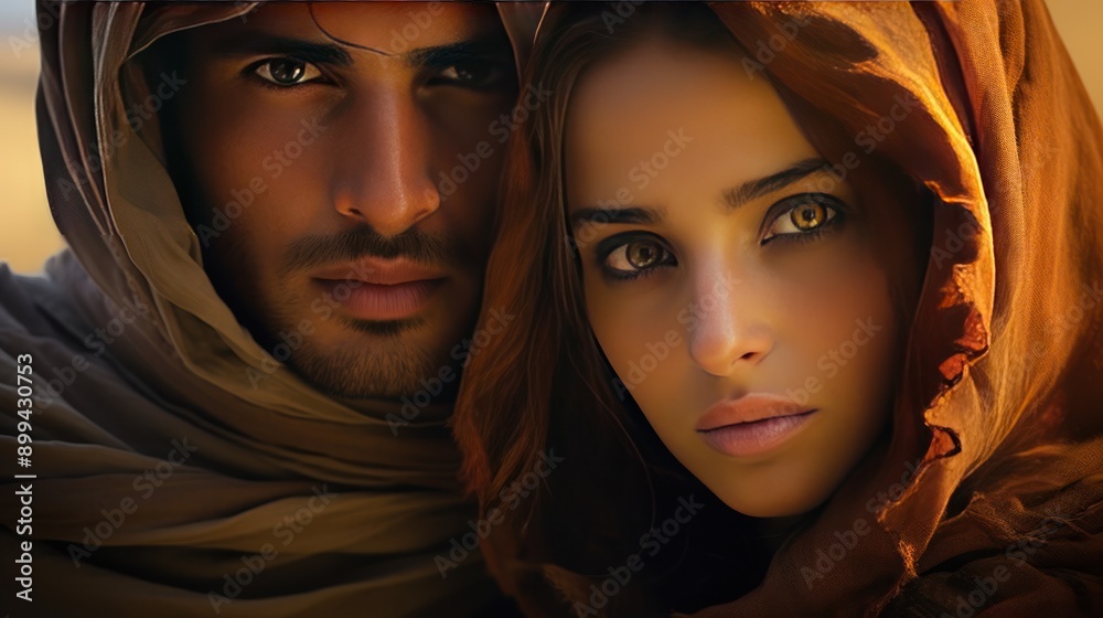 Photograph of a charismatic sultan and a breathtaking beauty, their faces veiled by flowing desert scarves, their eyes sparkling with unspoken emotions, captured in a timeless desert portrait. Photograph of a charismatic sultan and a breathtaking beauty, their faces veiled by flowing desert scarves, their eyes sparkling with unspoken emotions, captured in a timeless desert portrait.
