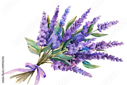 Beautiful watercolor illustration of a lavender bouquet tied with a purple ribbon. Perfect for nature-themed designs and decor.