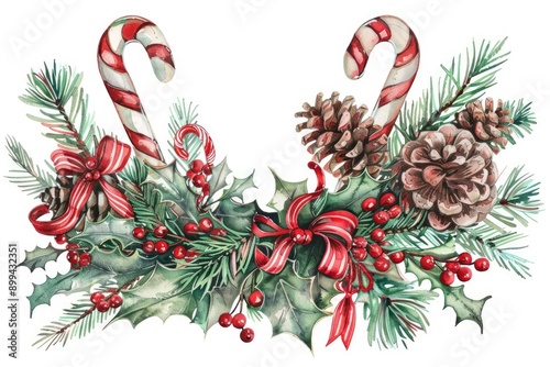 Beautiful hand-drawn Christmas decoration with candy canes, pinecones, and holly berries, perfect for festive holiday designs.