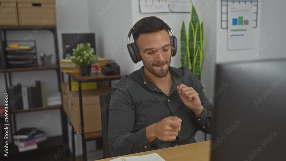 Young man with a beard in an indoor office setting enjoying music with headphones, dancing in front of a laptop while sitting at a wooden desk. Young man with a beard in an indoor office setting enjoying music with headphones, dancing in front of a laptop while sitting at a wooden desk.