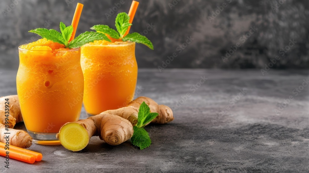 Fototapeta premium Enjoy a refreshing glass of invigorating carrot and ginger juice, artfully garnished for a vibrant, minimalist look.