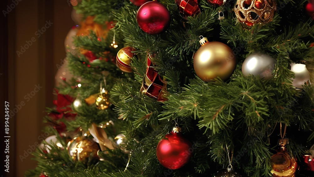 A christmas tree with a bunch of ornaments and a red ribbon A christmas tree with a bunch of ornaments and a red ribbon