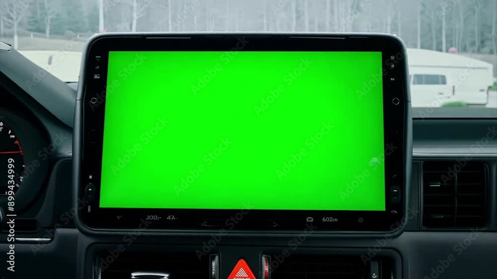 Pushing towards a large touchscreen on the central console of a modern car's interior. The touchscreen is a chroma key green screen. Pushing towards a large touchscreen on the central console of a modern car's interior. The touchscreen is a chroma key green screen.