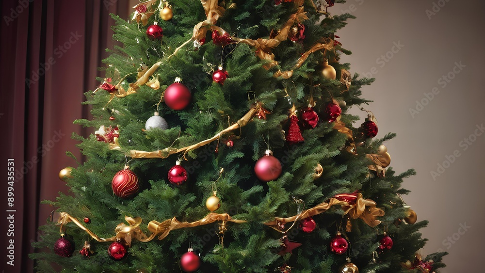 A christmas tree with a bunch of ornaments and a red ribbon A christmas tree with a bunch of ornaments and a red ribbon