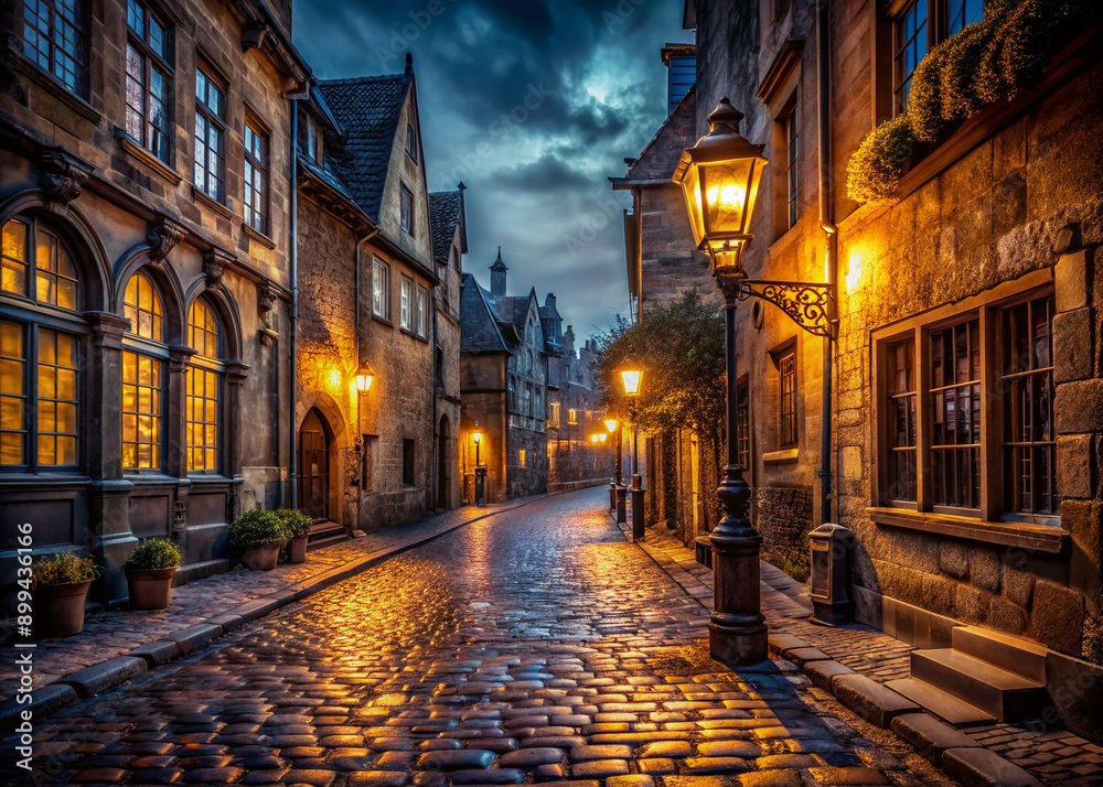 Fototapeta premium Historic old town street at night, dimly lit by vintage streetlights, with ornate medieval buildings, cobblestone pavement, and mystical atmosphere.