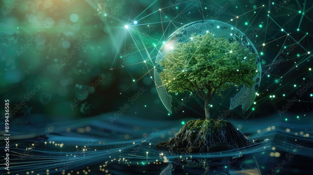 Fototapeta premium Abstract 3D globe with a tree, symbolizing the interconnectedness of the environment