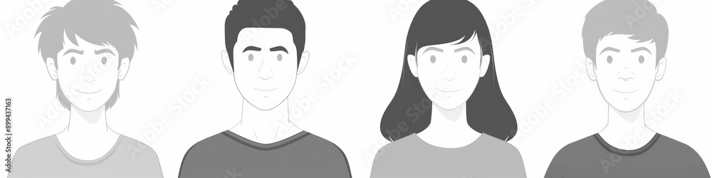 Four Cartoon Characters in Grey T-Shirts on White Background Four Cartoon Characters in Grey T-Shirts on White Background