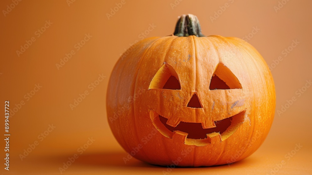 Close-up of a carved pumpkin jack-o'-lantern with a smiling face, set against a warm brown background, perfect for Halloween decoration. Close-up of a carved pumpkin jack-o'-lantern with a smiling face, set against a warm brown background, perfect for Halloween decoration.