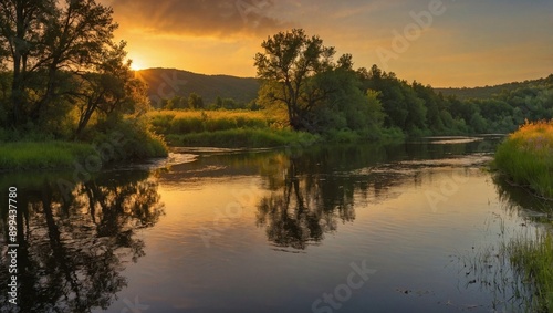 A peaceful river winding through a lush valley