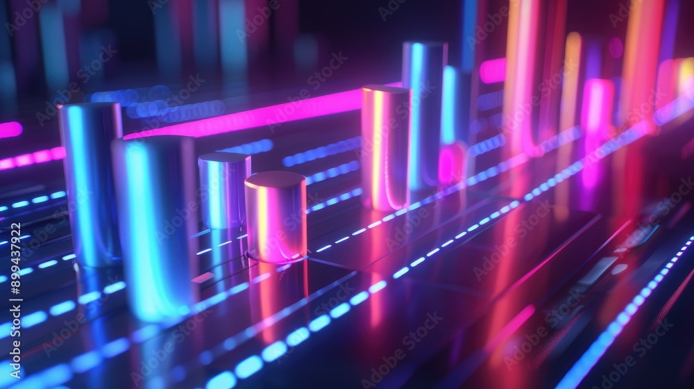 Elegant 3D financial bars with neon highlights, representing economic trends Elegant 3D financial bars with neon highlights, representing economic trends