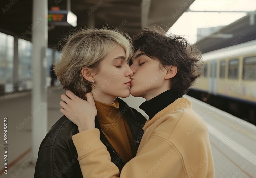 A couple sharing a kiss at a train station, capturing a romantic and emotional moment before departure, with a train in the background. A couple sharing a kiss at a train station, capturing a romantic and emotional moment before departure, with a train in the background.