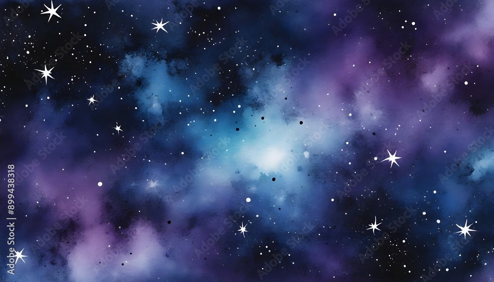 An abstract galaxy watercolor texture with deep purples, blues, and blacks, speckled with white stars, creating a cosmic, otherworldly effect. Multiple variations available