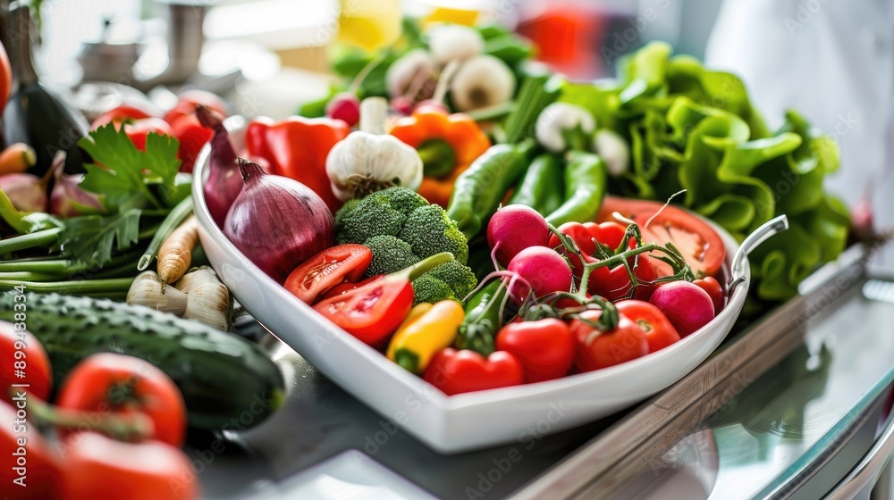 Heart-shaped dish of assorted vegetables, displayed on a nutritionist's table Heart-shaped dish of assorted vegetables, displayed on a nutritionist's table