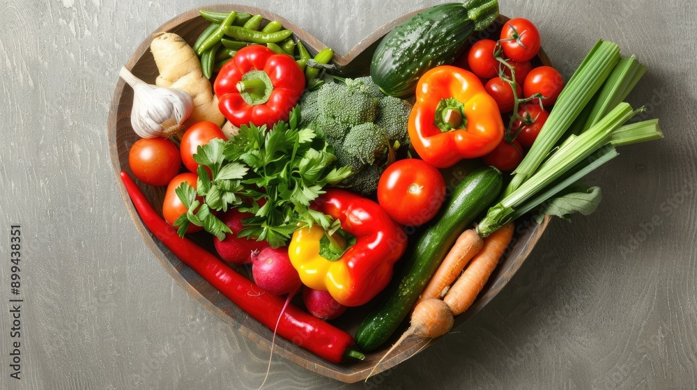 Heart-shaped dish of assorted vegetables, displayed on a nutritionist's table Heart-shaped dish of assorted vegetables, displayed on a nutritionist's table