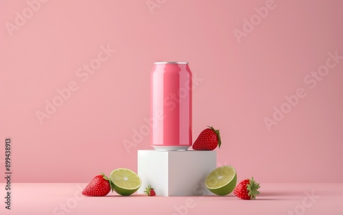 A pink beverage can with strawberries and limes on a minimalist pastel pink background, emphasizing freshness and simplicity.