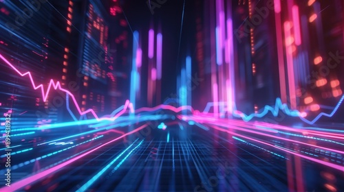 Mesmerizing 3D stock market graph with neon lines, depicting market trends and financial analysis