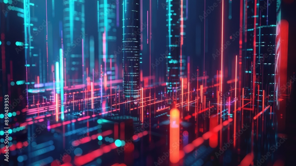 Stunning 3D financial network with interconnected nodes and neon highlights