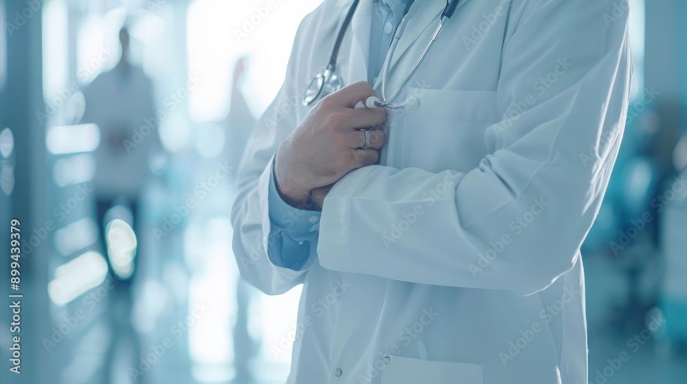 Close-up of a doctor in a hospital hallway, wearing a white coat and stethoscope, representing healthcare professionals and medical services.