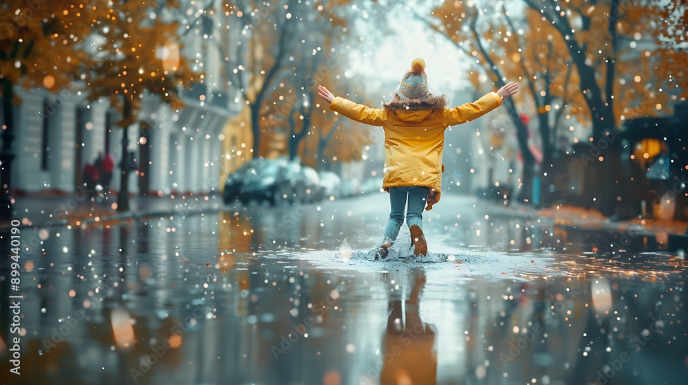 Fototapeta premium A joyful girl jumping in a puddle on a rainy day.