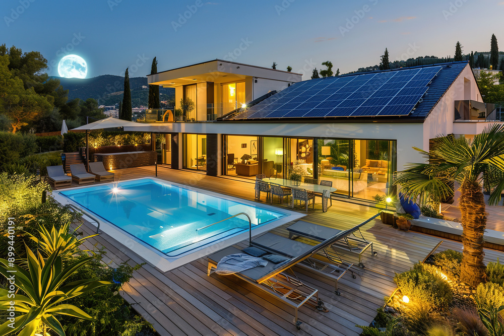 Obraz premium Modern house with solar panels and swimming pool in backyard under full moon