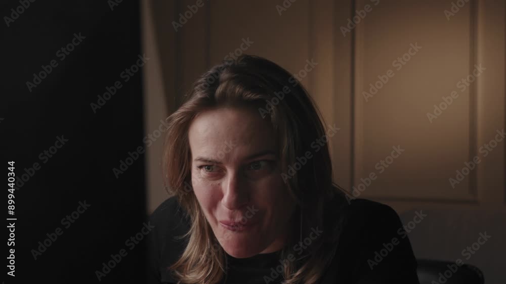 Within a softly illuminated room, a woman is observed expressing a variety of emotions