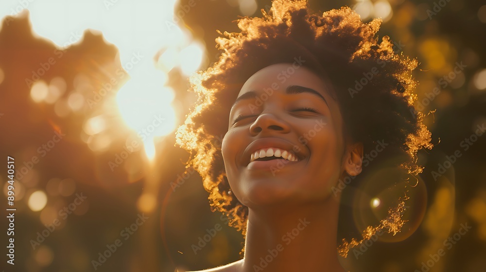 A joyful person laughing with eyes closed, sunlight highlighting their face.