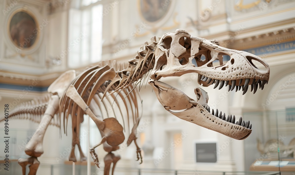 Tyrannosaurus bones on display in an uninhabited museum , Generative AI