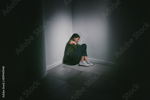 Photos Abuse, alone and scared of woman in dark room, stress and flinching with fear of physical trauma