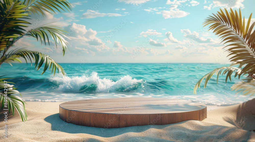 Obraz premium A 3D summer day scene with a tropical podium platform set against a beach backdrop.