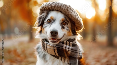 A dog with a beret and scarf looks at the camera in an autumnal setting