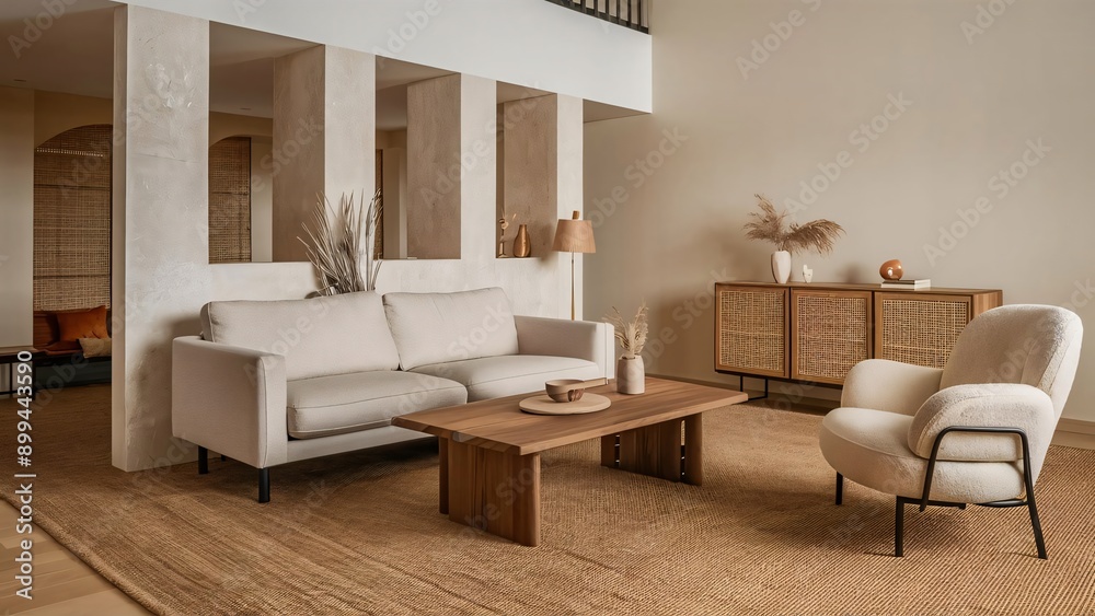 Obraz premium Living room interior with two seater beige sofa 3d illustration image w wooden coffee table, rattan sideboard, partition wall, lamp, stylish armchair and personal accessories. Home decor interiors.