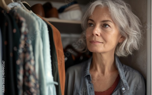 An elderly woman with gray hair, standing thoughtfully in front of her closet, considering her wardrobe choices.