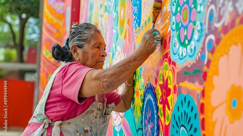 A Mexican woman creating a colorful mural, with paint and brushes in hand.