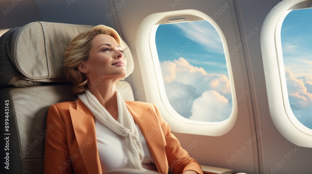 Fototapeta premium photograph of a confident businesswoman relaxing in a window seat on a private jet, enjoying the view of the clouds