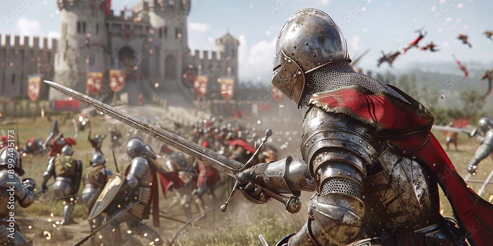 Fototapeta premium A fierce medieval battle between knights in shining armor, set in a vast open field with a castle in the background